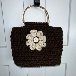 Adorable hand made crocheted brown purse with floral detail - new